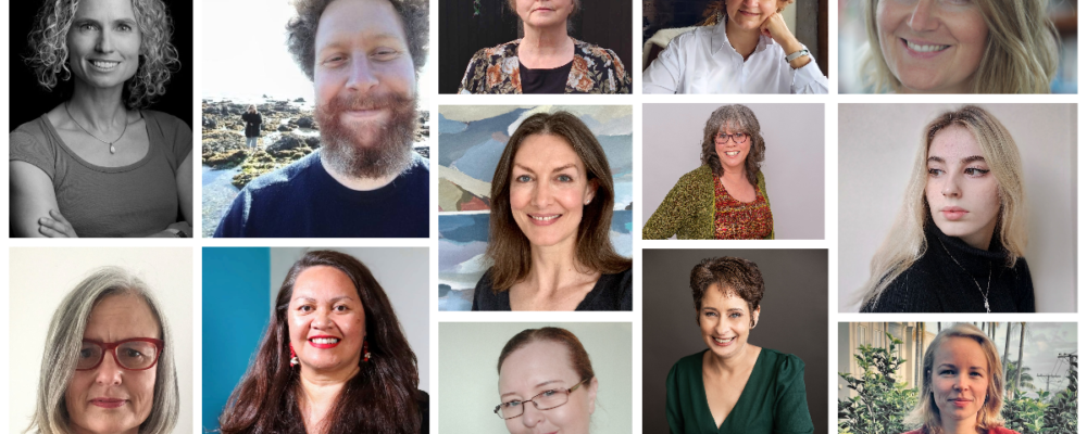 Photos of 13 New Zealand writers who were selected for the 2023 NZSA Complete MS Assessments